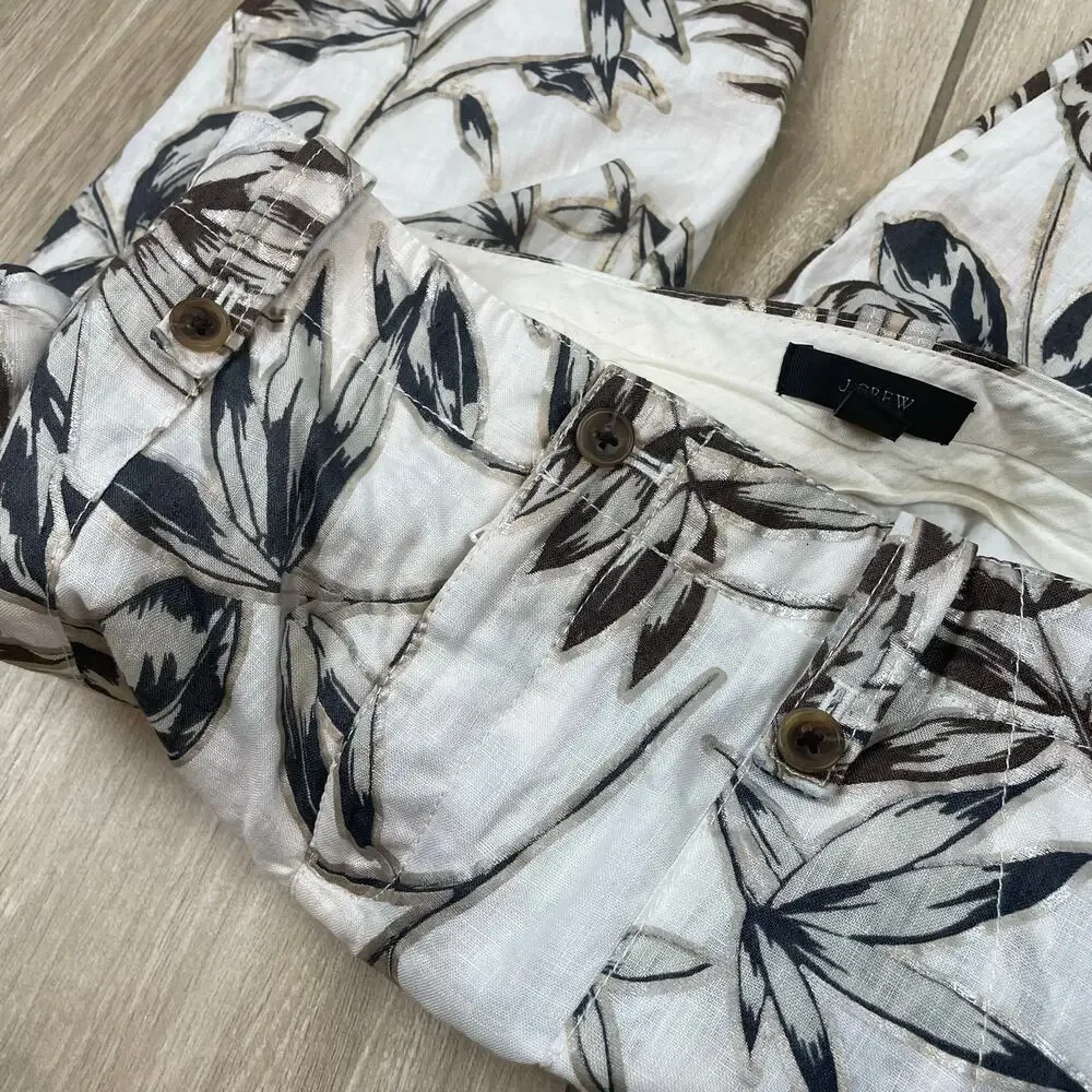 J Crew Linen Pants Womens 2 Ivory Tropical Leaf Print Cropped Lined Resort